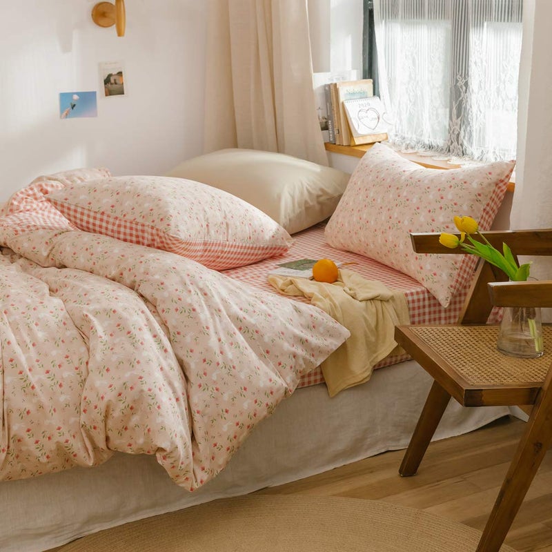 BlueBlue Rabbit Duvet Cover Set Twin 100% Cotton Bedding for Kids Boys Girls Teens Single Bed Cartoon Bunny Garden Floral on Pink 1 Reversible Check Comforter Cover with Zipper Ties 2 Pillowcases - Image 3